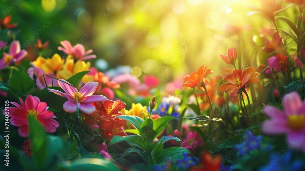 Vibrant Spring Blossoms- Colorful Flowers in Full Bloom with Sunlight Streaming Through Vibrant Spring Blossoms- Colorful Flowers in Full Bloom with Sunlight Streaming Through