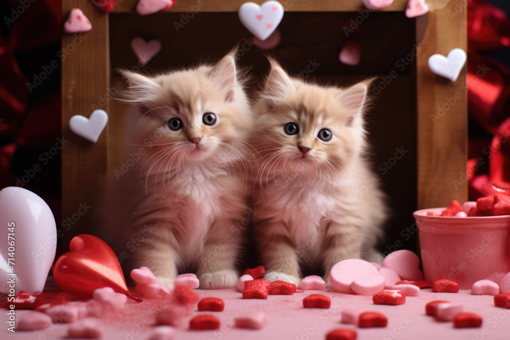 Two Tan Fluffy Kittens Cuddling with Valentine's Day Hearts, Generative AI