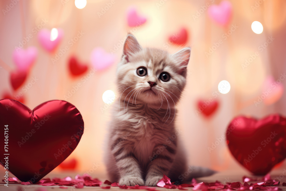 Cute Grey Fluffy Kitten Surrounded by Red Valentine's Day Hearts, Generative AI
