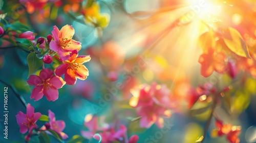 Vibrant Spring Blossoms- Colorful Flowers in Full Bloom with Sunlight Streaming Through © Sri