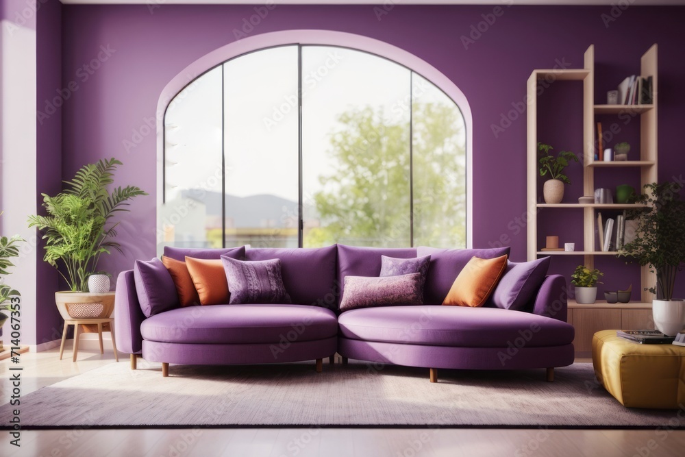 Interior home design of modern living room with purple corner sofa and plant decoration with purple wall near the window Interior home design of modern living room with purple corner sofa and plant decoration with purple wall near the window