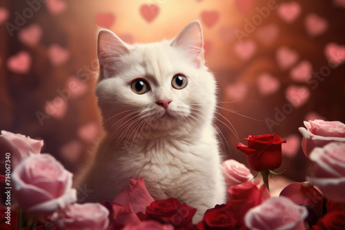 Cute White Fluffy Kitten Surrounded by Pink Roses, Generative AI © illuminating images