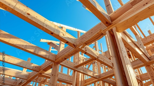 Sunlit Wooden Framework of New House Under Construction