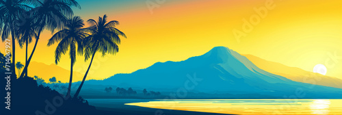 a sunset with palm trees over a beach and a mountai