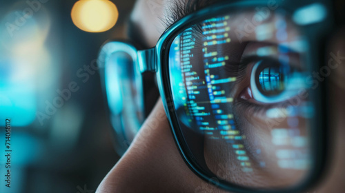 close up eye with glasses, coding reflective glasses, programmer use AI to help with work in office photo