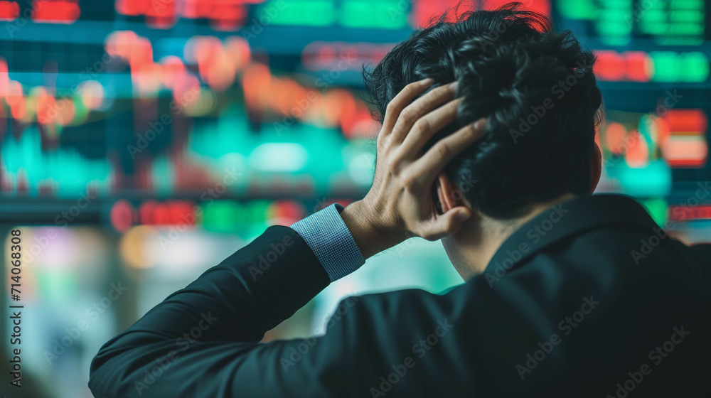 back view of serious or stress investor with stock market down background, worry about loss money or crisis and recession back view of serious or stress investor with stock market down background, worry about loss money or crisis and recession