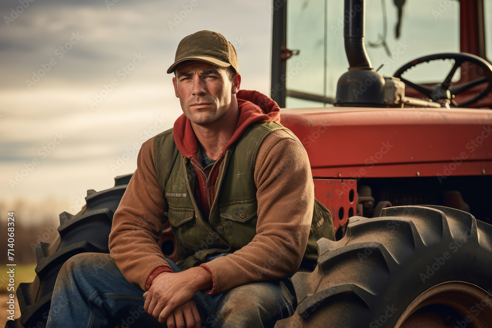 Portrait of a male farmer, worker sitting on tractor Portrait of a male farmer, worker sitting on tractor