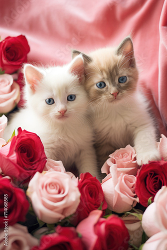 Obraz na płótnie White and Grey Kittens Cuddling Surrounded by Pink Roses, Generative AI w salonie