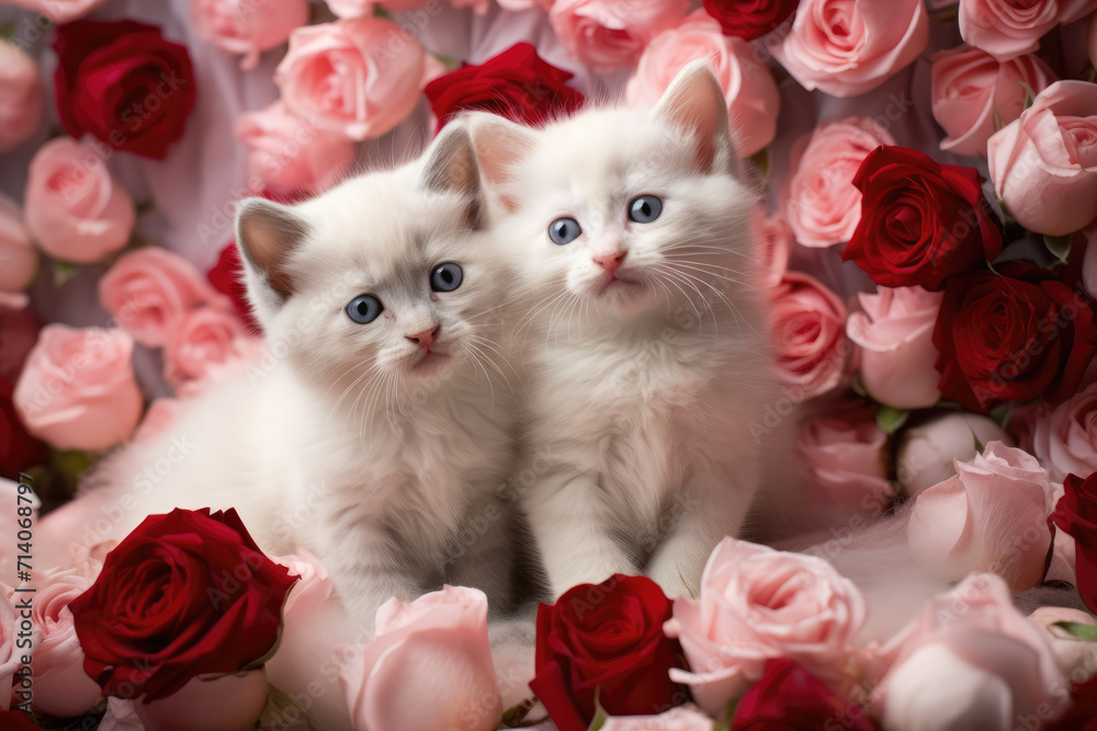 Two White Cute Fluffy Kittens Cuddling Surrounded by Pink Roses, Generative AI