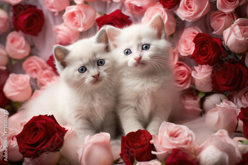 Obraz na płótnie Two White Cute Fluffy Kittens Cuddling Surrounded by Pink Roses, Generative AI w salonie