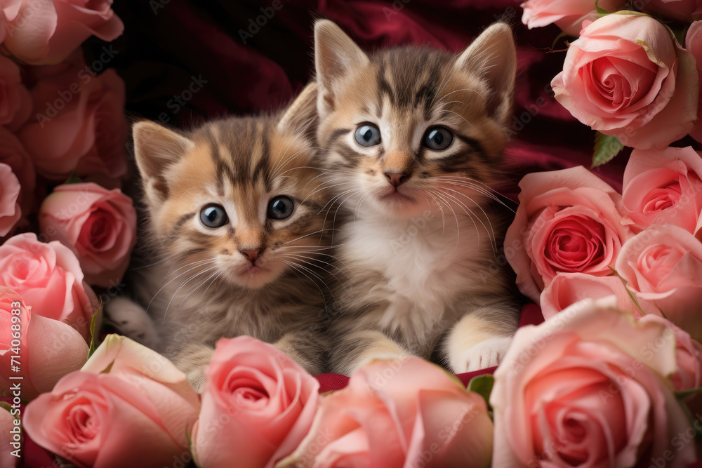 Grey, Tan, and Orange Kittens Surrounded by Pink Roses, Generative AI