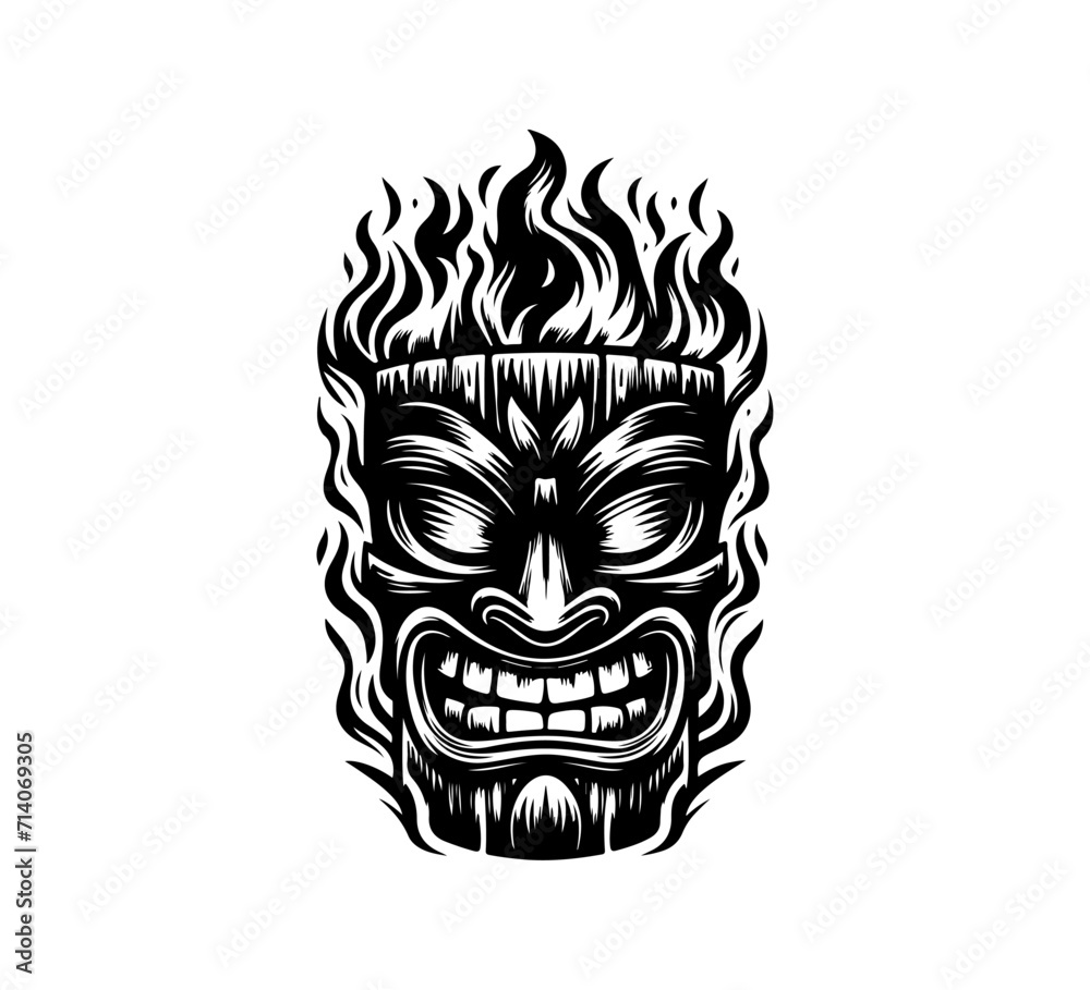 Hawaiian Restaurant and bar Logo Design , black and white, tiki , fire