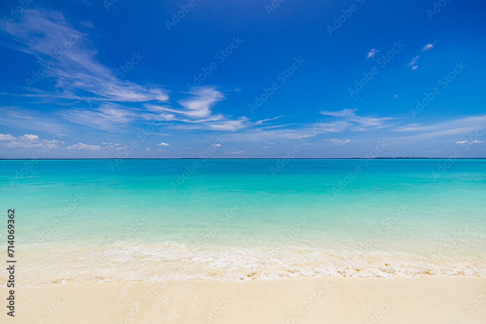 Closeup sea sand sky beach. Panoramic coast landscape. Inspire tropical Mediterranean beach seascape horizon. Peaceful calm tranquil relaxing sunlight. Vacation travel banner minimalism copy space
