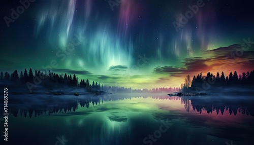 View of night sky with multicolored aurora borealis and snowy mountains peak background. Night glows in vibrant aurora reflection on the lake with forest. 