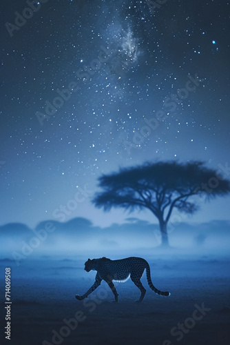 night on the African savanna a solitary animal strolls under a vast starry sky. AI generative