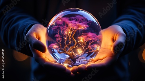 Hand holding a crystal ball with neon tree. Fantasy concept. Generative AI © Yevhen