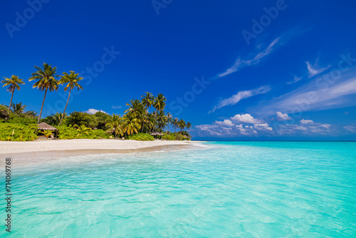 Best tranquility tropical landscape. White sand sunshine sea sky palm trees. Luxury travel vacation destination. Exotic beach landscape. Amazing nature, relax wellbeing, freedom summer shore seaside 