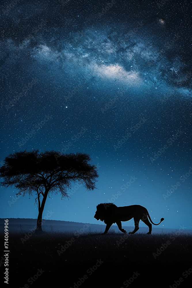 Naklejka premium night on the African savanna a solitary animal strolls under a vast starry sky. AI generative