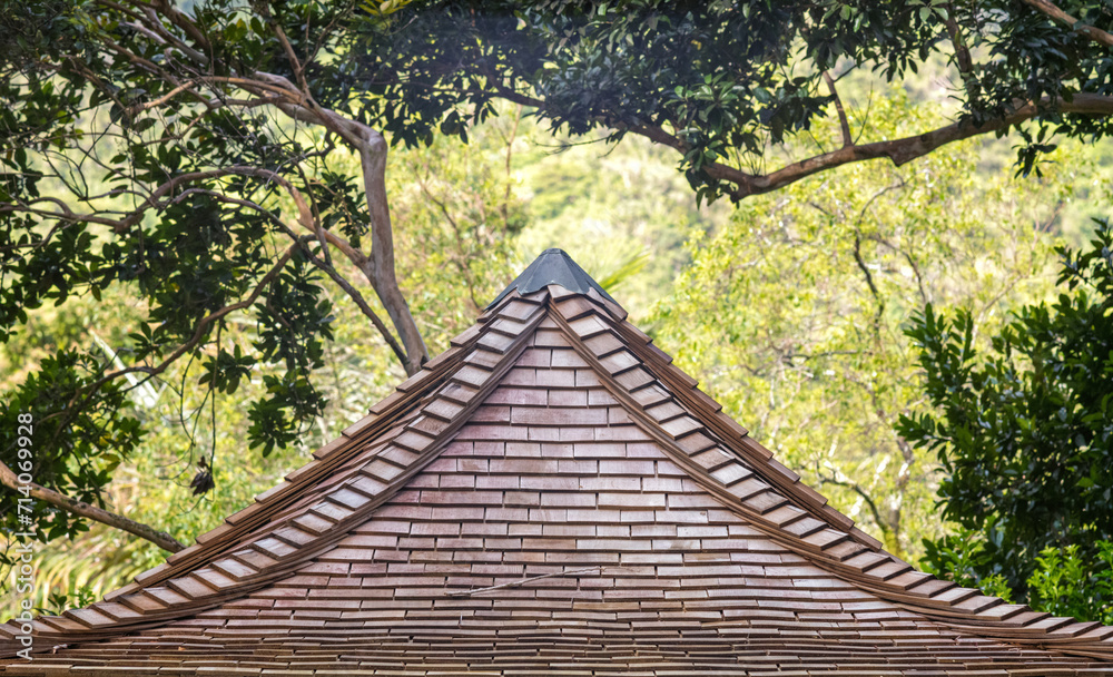 Abstract View of a Wooden Asian Pagoda Roof Line with a Rain Forest Background. Abstract View of a Wooden Asian Pagoda Roof Line with a Rain Forest Background.