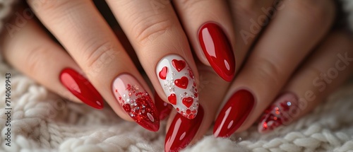 Canvastavla Woman's nails with beautiful red manicure with Valentine's Day d