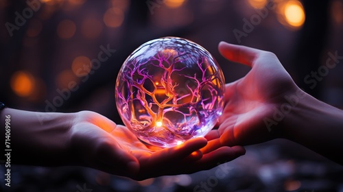 Hand holding a crystal ball with neon tree. Fantasy concept. Generative AI photo