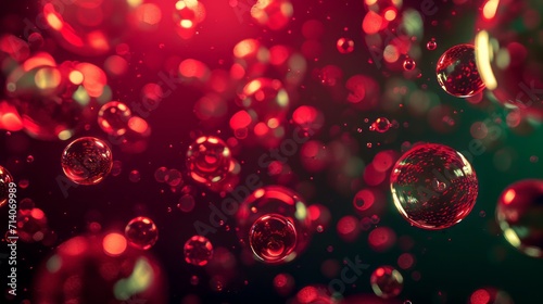 Abstract red green particles of liquid Glowing orbs background. Shiny transparent gradient backdrop. Strong depth of field.
