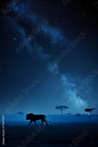 night on the African savanna a solitary animal strolls under a vast starry sky. AI generative © SANGHYUN