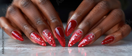 Black woman's nails with beautiful red manicure with Valentine's Day design. AI generated photo