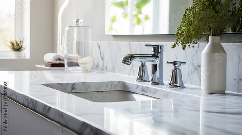 close up of blank empty space on white marble vanity unit counter top with wash basin  faucet and mirror in an exotic style bathroom.