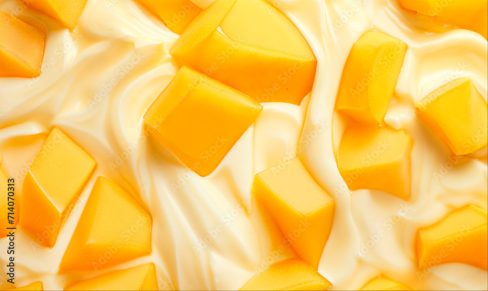 Yogurt with mango cubes, top view background Yogurt with mango cubes, top view background