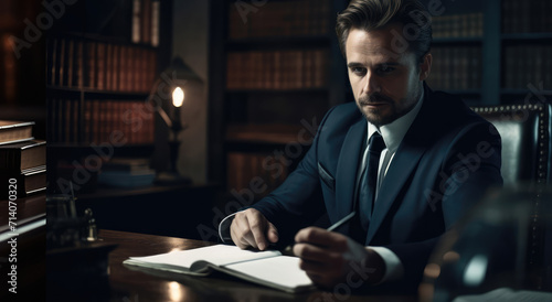 A lawyer, businessman signing a document, studying, working on a written document in office