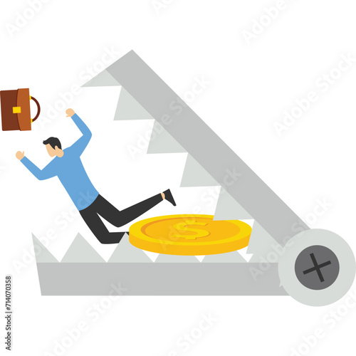 Businessman looking at trap with money, incentive trap business, loan and debt, money trap, finance problem, Vector illustration design concept in postcard template

