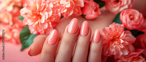 Woman's nails with beautiful manicure with flowers. AI generated