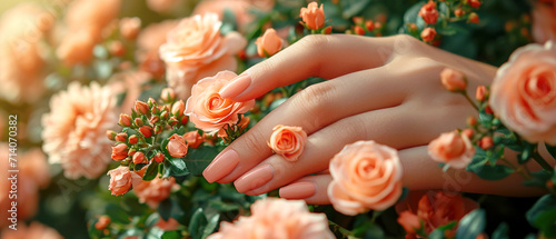 Woman's nails with beautiful manicure with flowers. AI generated