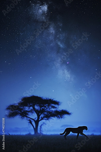 night on the African savanna a solitary animal strolls under a vast starry sky. AI generative