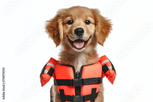 cute dog with life vest and floatation device Isolated on solid white background. ai generative