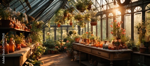 A lush greenhouse oasis within the walls of a building, adorned with an array of vibrant houseplants and flowers in various vases and pots, framed by a large window overlooking a beautiful garden