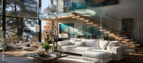 A modern living room with a stunning glass wall and cozy furniture, including a studio couch and loveseat, invites both indoor comfort and outdoor connection © Larisa AI