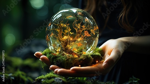 Hand holding a crystal ball with neon tree. Fantasy concept. Generative AI