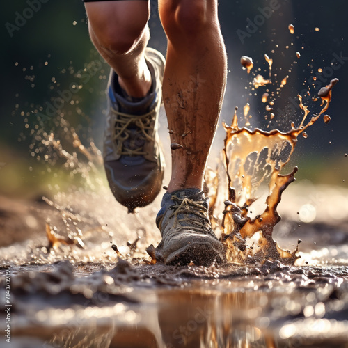 A runner running over a puddle on a natural dirt track, front view very close to the feet, close-up image, natural lighting.