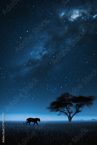 night on the African savanna a solitary animal strolls under a vast starry sky. AI generative © SANGHYUN