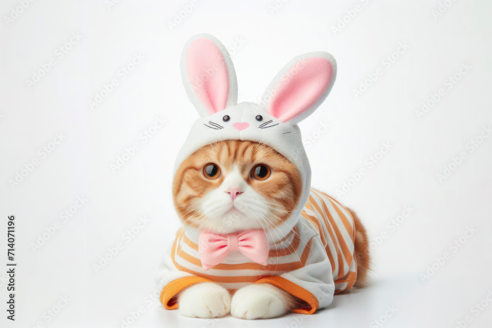 Fototapeta premium Happy cute cat wearing an easter costume of bunny isolated on solid white bright background. ai generative
