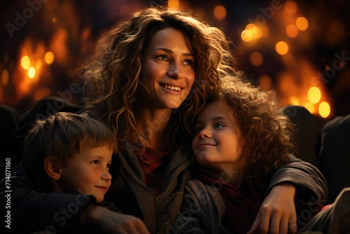 A joyful mother warms her two children by the fireplace, their beaming faces and cozy clothing reflecting the warmth of the fire