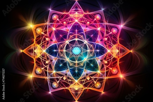 Sacred geometry with merkaba, flower of life, abstract colors, and fractal structure. Generative AI © Maria