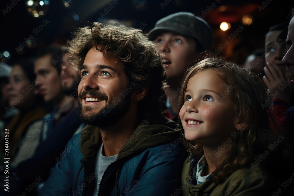 A curious man and a young girl stand in awe as they watch a vibrant crowd of people, all smiling and dressed in diverse clothing, gathered together to enjoy the music under the open sky A curious man and a young girl stand in awe as they watch a vibrant crowd of people, all smiling and dressed in diverse clothing, gathered together to enjoy the music under the open sky