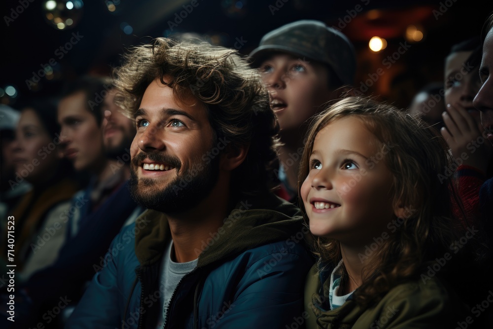 A curious man and a young girl stand in awe as they watch a vibrant crowd of people, all smiling and dressed in diverse clothing, gathered together to enjoy the music under the open sky