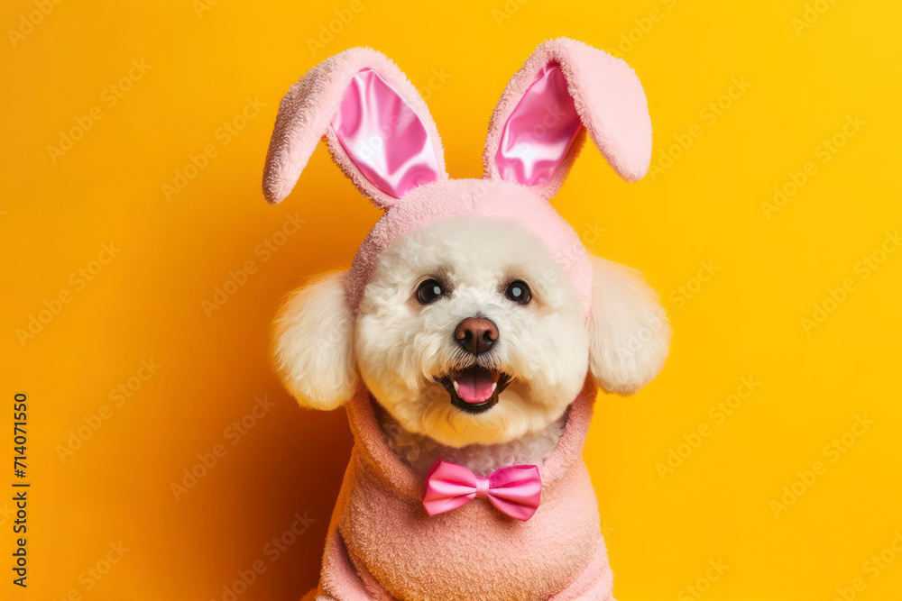 Happy cute dog wearing an easter costume of bunny isolated on solid yellow bright background. ai generative Happy cute dog wearing an easter costume of bunny isolated on solid yellow bright background. ai generative