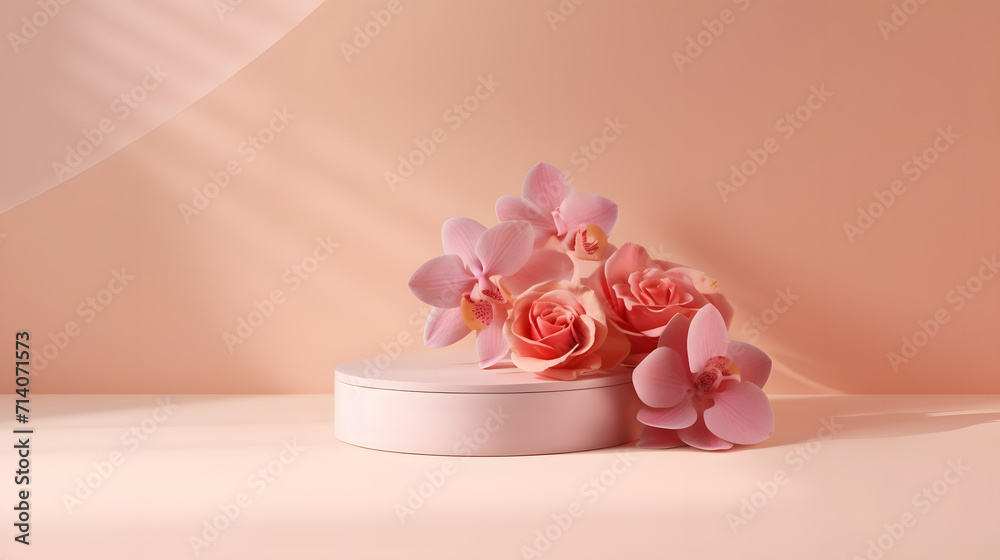 podium display, pastel pink background with rose flowers. Orchid flower and palm leaf shadow. Peach Fuzz is color trend of the Year 2024. Valentine, feminine copy space template 3d render podium display, pastel pink background with rose flowers. Orchid flower and palm leaf shadow. Peach Fuzz is color trend of the Year 2024. Valentine, feminine copy space template 3d render