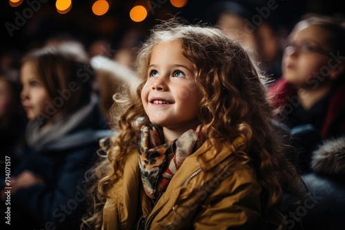 A radiant girl in a vibrant jacket stands out in a bustling crowd, her beaming smile and confident gaze capturing the essence of individuality and joy