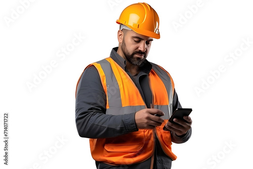 worker man in helmet browsing on mobile phone isolated on transparent background